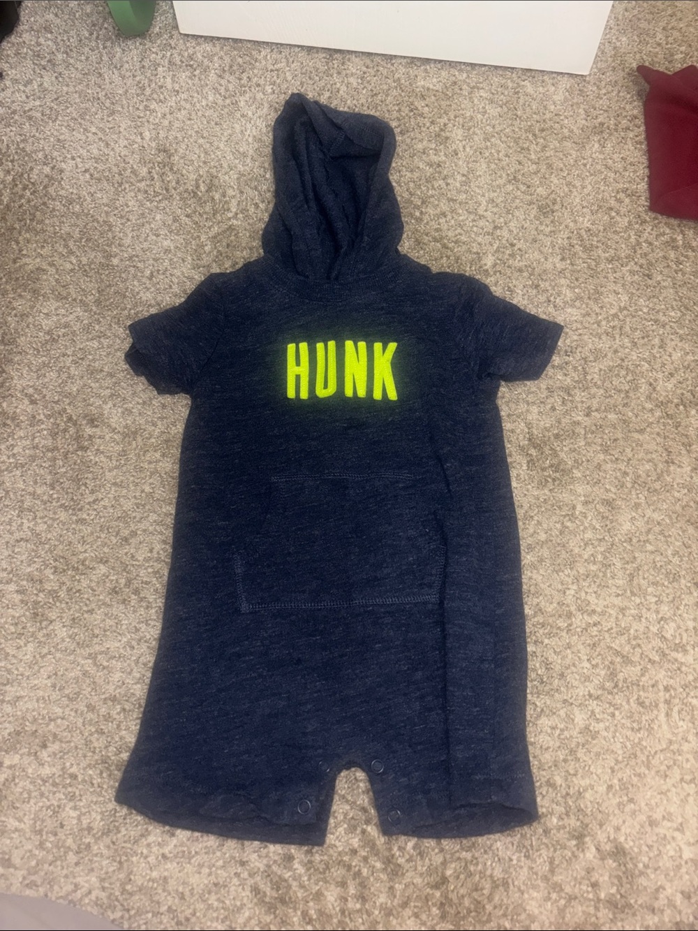 Carter's Navy Blue Hooded One-Piece with Neon Yellow "HUNK"